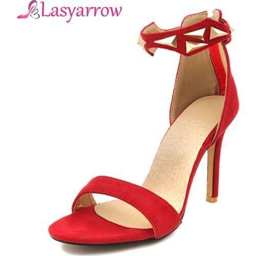 Lasyarrow Fashion Metal Rivets Studded Ankle Strap Gladiator Sandalias Mujer Ladies Stilletos Sexy Open Peep Toe Sandals RM270