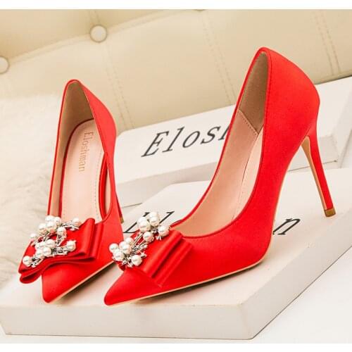 Tacones De Mujer Womens High Heels Stiletto Pointed Toe Sexy Banquet Pearl Bow High Heel Single Shoes Red Wedding Shoes Size 41