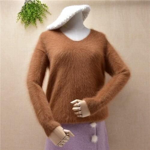 Ladies basic clothes winter round neck long sleeve mink cashmere knitted boomtting sweater angora rabbit fur pullover female
