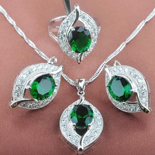 Eye Design Green Zircon Womens Wedding Silver Color Jewelry Sets Necklace Pendant Clip Earrings Rings TZ0234