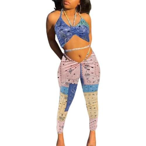 Women Close-fitting Two-piece Clothes Set, Multicolor Sleeveless U-shaped Collar Crop Tops and Pants