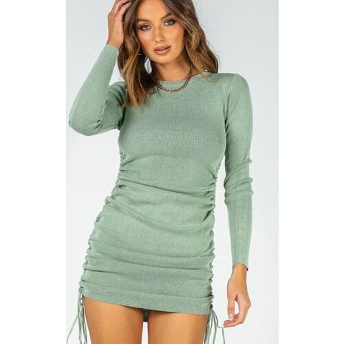 2021 Fall Womens Cotton Dress Long Sleeve Slim Round Neck Double Side Drawstring Long Sleeve Fall Winter Sexy One Step Dress