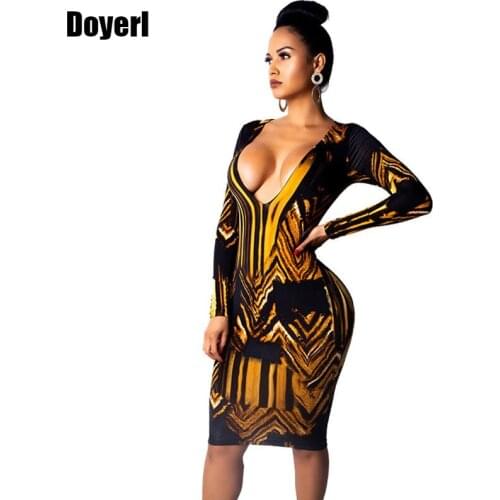 Women Sexy Bodycon Party Dresses Elegant Deep V Neck Print Slim Long Sleeve Winter Dress Club Wear Knee Length Bodycon Dress