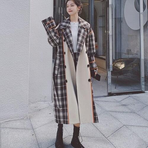 Womens Woolen Coat Autumn Winter Long Loose Design Sense Plaid Stitching Double Breasted Thick Big Size Quality Ladies Cloak 2Q