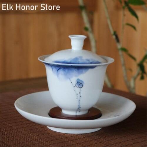160ml Jingdezhen White Jade Porcelai Bowl Gold Bone Gaiwan Blue Lotus Glaze Tea Tureen Puer Kettle Cup Saucer Tea Accessories