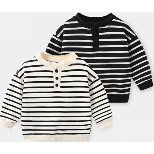2021 Fashion Spring Autumn 2-10 Years Childrens Long Sleeve White Black Button Crew Neck Striped Sweatshirt For Kids Baby Boys