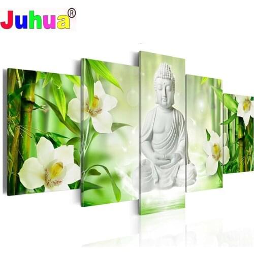 5 Panel Buddha Wall Art Multi-Panel 5D Diamond Painting Full Square 3d Picture Diamond Embroidery Portrait Puzzle Mosaic Set