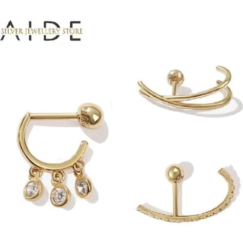 AIDE Simple 925 Sterling Silver Stud Earrings For Women Row Of Zircon/Glossy/Zircon Dangle Piercings Jewelry Pendientes Brincos