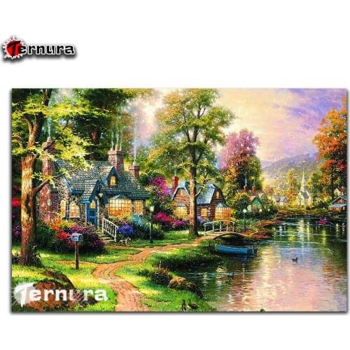 Ternura 5D DIY Diamond Painting Full Square Drill Rural hut rive mountain stream Embroidery European retro landscape Home decor