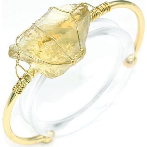 Trendy-beads Light Yellow Gold Color Wire Wrap Irregular Shape Lemon Crystal Bangle Fluorite Stone Jewelry