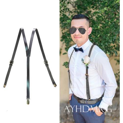 British Style 3 Clips Mens Suspenders Vintage Adjustable Cowhide Cowboy Genuine Leather Suspender Bronze Strap Pant Braces