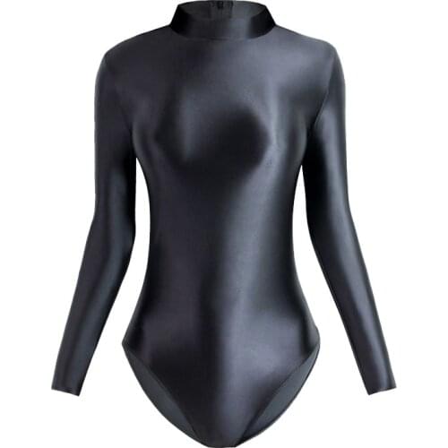 One Piece Zipper Swimsuit High-Waisted Women Sexy Tight Glossy High Fork Long Sleeve Swimwear Solid Color T-Shirt Leotard