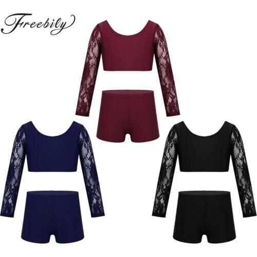 Kids Girls Two-Piece Dancewear Outfit Lace Long Sleeves Crop Top with Briefs Set for Stage Performance Lyrical Dance Costumes