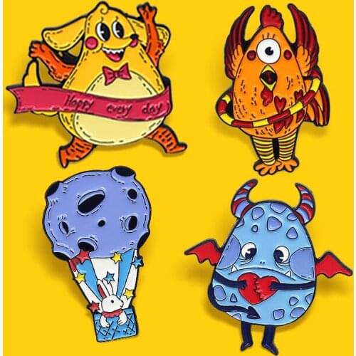 Cute Rabbit Dog Chicken Brooches Vampire Monster Happy every day Animal Enamel Pin Lapel Badges Jewelry Gift for Kids Friends