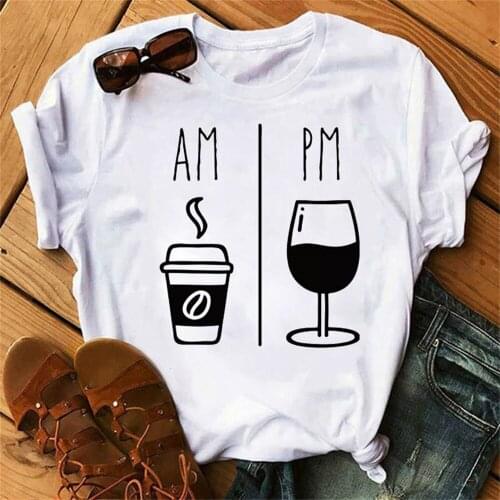 Fashion AM Coffee PM Red Wine Print T Shirts Women Tshirt Harajuku Funny Tee Summer Women Tops Short Sleeve T-shirt TX5986