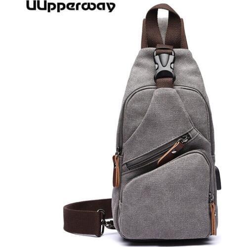 Mens Canvas Chest Bag Male Casual Anti-theft Fanny Waist Bag Multi Pockets Buckle Sports USB Chest Bag Crossbody Pack Outdoor