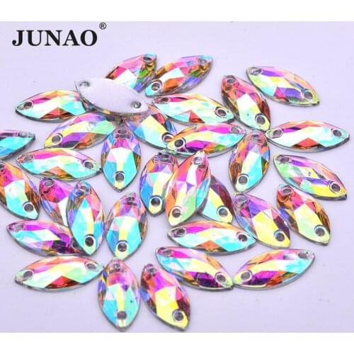 JUNAO 7x15mm Crystal AB Horse Eye Sew on Rhinestones Button Flatback Strass Diamond Glitter Decorative Crystal Stone for Garment