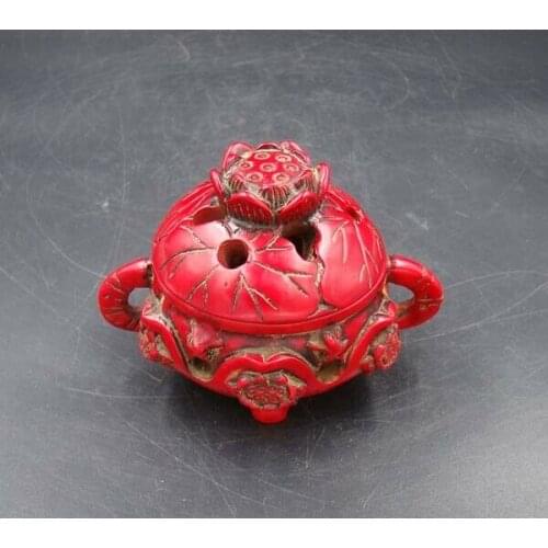 Collectible Handmade Carved Lotus Statue Red Turquoise Incense Burner