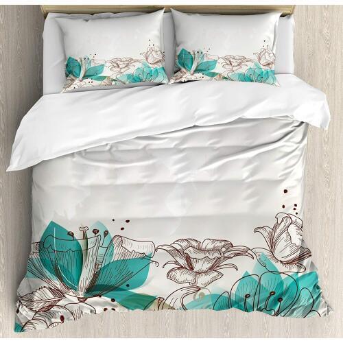 Turquoise Duvet Cover Set Retro Floral Background with Hibiscus Silhouettes Dramatic Romantic Nature Art Decorative 3 Piece Bed