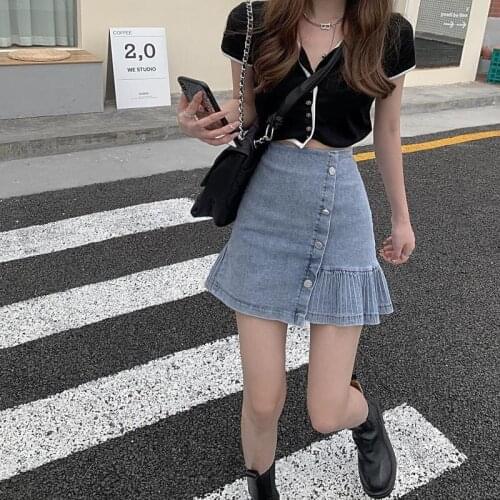 Short Skirt Female Summer Korean Version of The New High-waist Design Denim Skirt Is More Skinny Pleated A-line Skirt