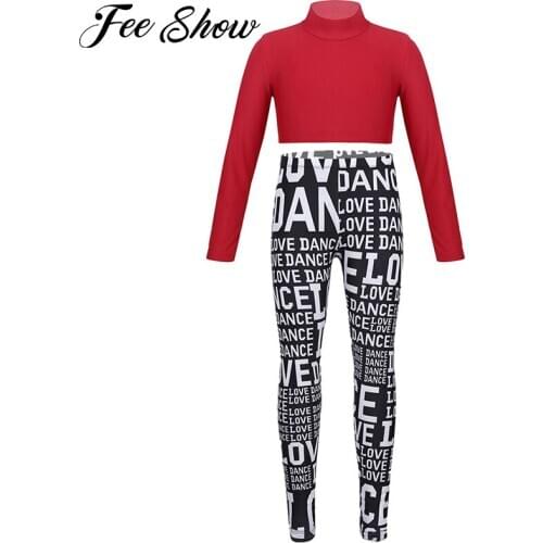 Kids Girls Solid Color Fitness Workout Outfits Long Sleeves Crop Top with Letters LOVE DANCE Printed Leggings Tights for Dancing
