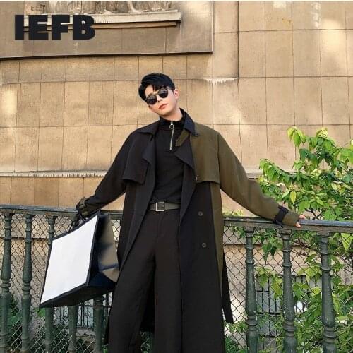IEFB Mens Color Block Patchwork Mid Length Windbreaker With Sashes Loose Casual Streetwear Long Trench Coat 9Y4346