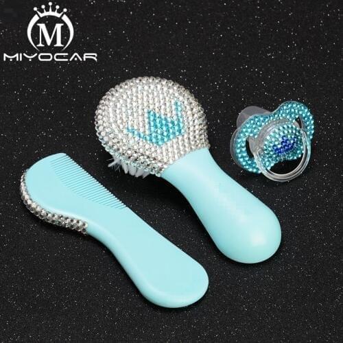 MIYOCAR Bling Bling set of good quality baby comb and bling blue white crown pacifier for baby shower gift