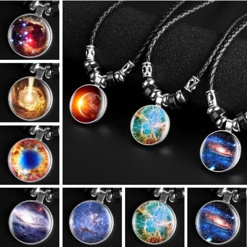 New 2019 Fashion Star Leather Pendant Necklace Woven Glass Dome Jewel Punk Mens Constellation Handmade Leather Necklace