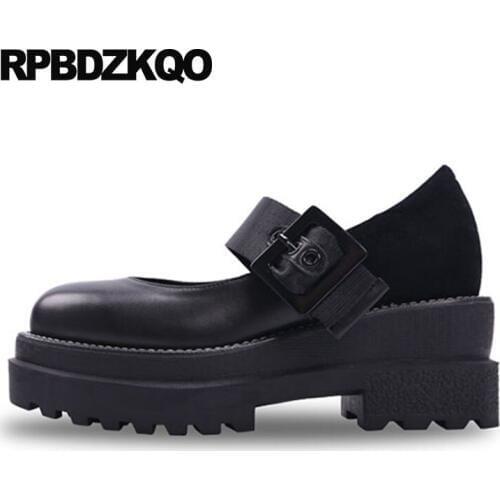 Size 4 34 high heels pumps wedge genuine leather european 3 inch round toe handmade platform shoes fashion 2018 strap ladies