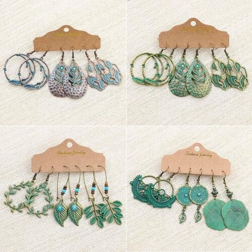 Vintage Bohemia Earrings Antique Bronze Round Leaves Flower Drop Earrings For Women Charm Ethnic Jewelry