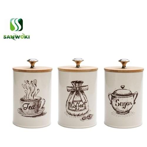 Vintage Metal Storage Jars with bamboo Lid Tea Coffee Sugar Sealed Iron Box Sealing Container Kitchen Grain Organizer Sealed jar