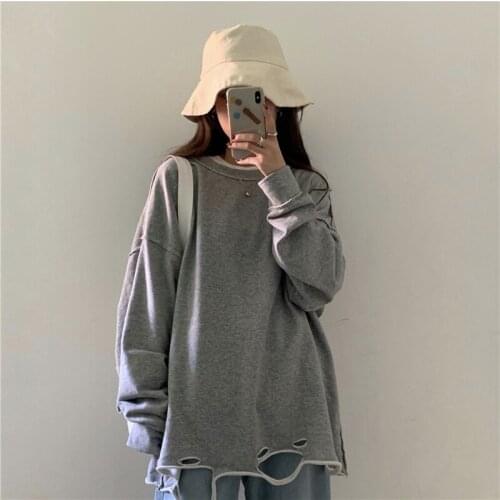 2021 Womens Korean Hole Hoodie Spring Autumn New Streetwear Pure Cotton Long-sleeved Student Black Sweatershirt Sudadera Mujer
