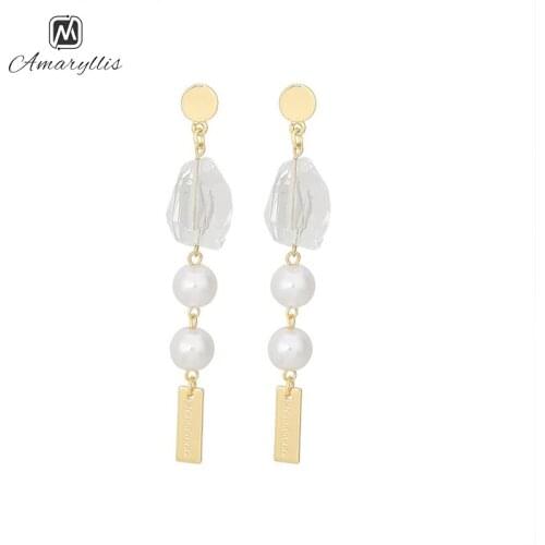 Amaiyllis Sweet Stone Beads Imitation Pearl Alloy Statement Studs Earrings For Women Elegant Party Long Pendant Post Earrings