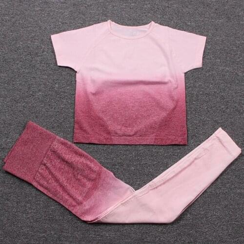 Ombre Yoga Set Women Seamless Gym Clothing High Waist Leggings Short Sleeve T-Shirts Crop Top Suit Fitness Workout Clothes Set