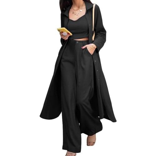 Long Trench Coat + Casual Trouser Suit Blazer Women Fashion Three-Piece Set American Autumn New Black Red Loose Three-Piece Suit