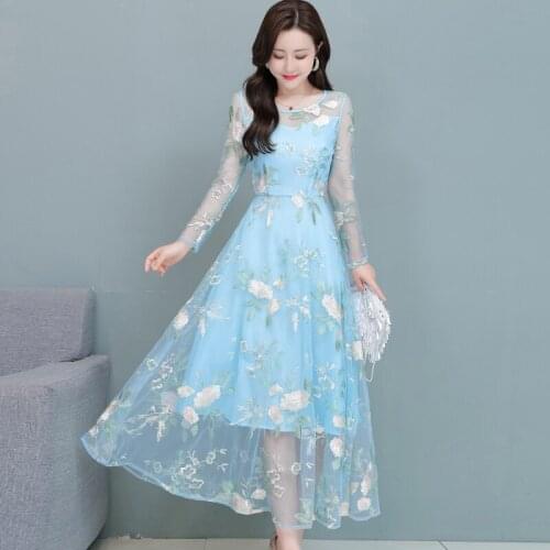 2021 Autumn Winter New Arrival Hot Sale High Quality Korean Round Collar Flower Embroidery Long Sleeve Women Long Gauze Dress
