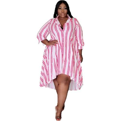 Plus Size Women Shirt Elegant Dress 4XL 5XL Loose Striped Print Buttons Casual Wrok Office Dresses 2021 Summer Outfits