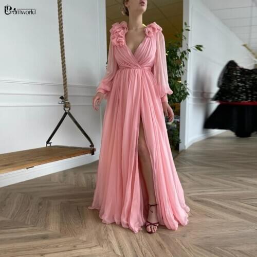 Illusion Long Sleeves Pink Prom Dresses 2021 vestidos de festa longo Chiffon A-Line V-Neck Sexy Slit Formal Evening Gowns
