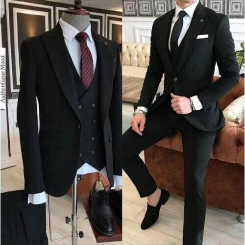 2020 Custom Made Black Peaked Lapel 3 Pieces Formal Business Dress Mens Suits For Wedding Groom Tuxedos (Jacket+Pants+Vest)
