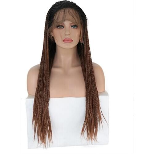 AIMEYA Dark Roots Ombre Brown Braided Synthetic Lace Front Wigs Two Tone Half Hand Tied 2X Twist Box Braids Wig for Black Women