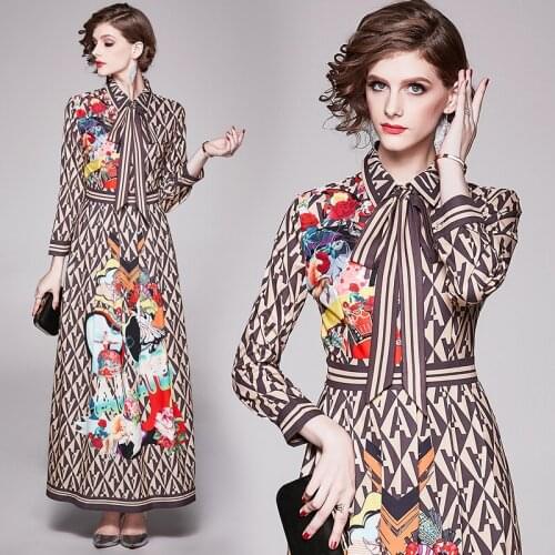 England Style Fashion Bow Prints Women Spring Autumn Sundress Elegant Long Sleeve Big Swing Hem Shirt Dress Party Dresses Robes