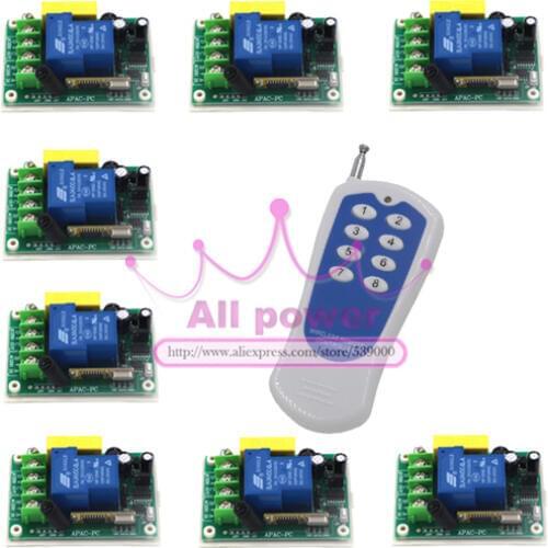 220V 30A 1CH RF Wireless Remote Control Power Switch Receiver 8pcs with 8-Button Long Controlling Distance Transmitters