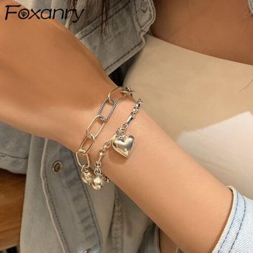 Foxanry 925 Sterling Silver Bracelet for Women Trendy Vintage Sweet Couples LOVE Heart Round Beads Party Jewelry Birthday Gifts
