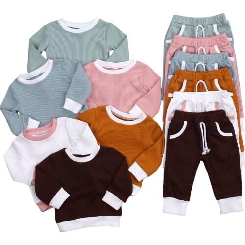 2Pcs Baby Children Girls Boys Patchwork Ribbed Sets Long Sleeve O Neck Tops Casual Pants Infant Newborn Autumn Outfits 0-4Y