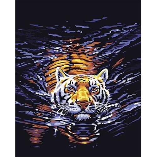 DIY Digital Painting By Numbers Package The tiger swimming oil painting mural Kits Coloring Wall Art Picture Gift frameless
