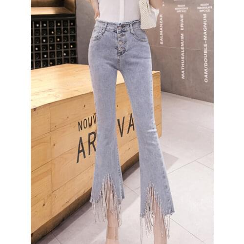 2020 spring new Flare Set auger Jeans Woman Denim Trousers Vintage Women Clothes Fall High Waist Pants Stretchy Jeans