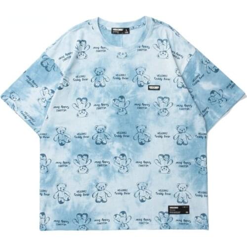 Men Hip Hop Tie Dye Full Print Bear T-Shirt Harajuku Streetwear Cotton Casual Summer Short Sleeve Couples Tshirt Kawaii Clothing