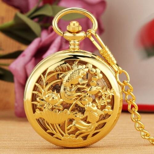 Royal Hollow Out Goldfish Style Manual Mechanical Pocket Watches Men Arabic Numerals Dial Women 30cm Rough Chain Pendant Gift