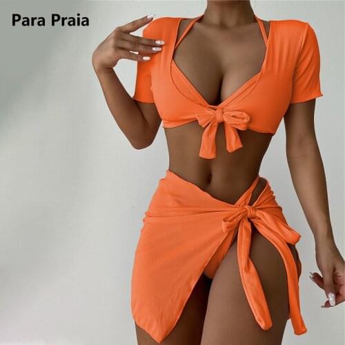 Para Praia 4 Pieces Bandage Bikinis Set 2021 Skirt Swimwear Women High Waist Short Sleeve Swimsuit Female Summer Tie Biquini