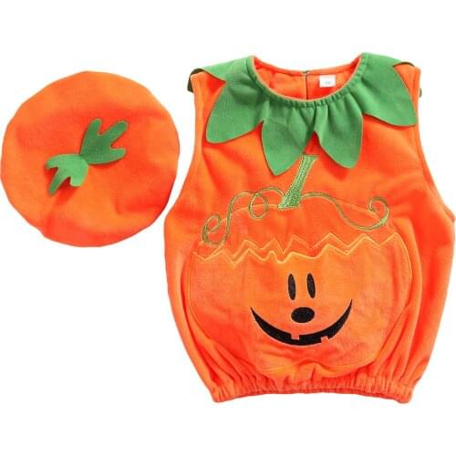 Hot Sale Newborn Babies Halloween Two-piece Clothes Set Orange Pumpkin Embroidery Pattern Sleeveless Vest Tops and Cap